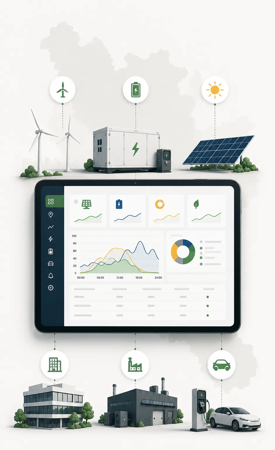 Schéma de pilotage énergétique intelligent reliant production, stockage, mobilité électrique et HVAC au sein d’un système énergétique global.